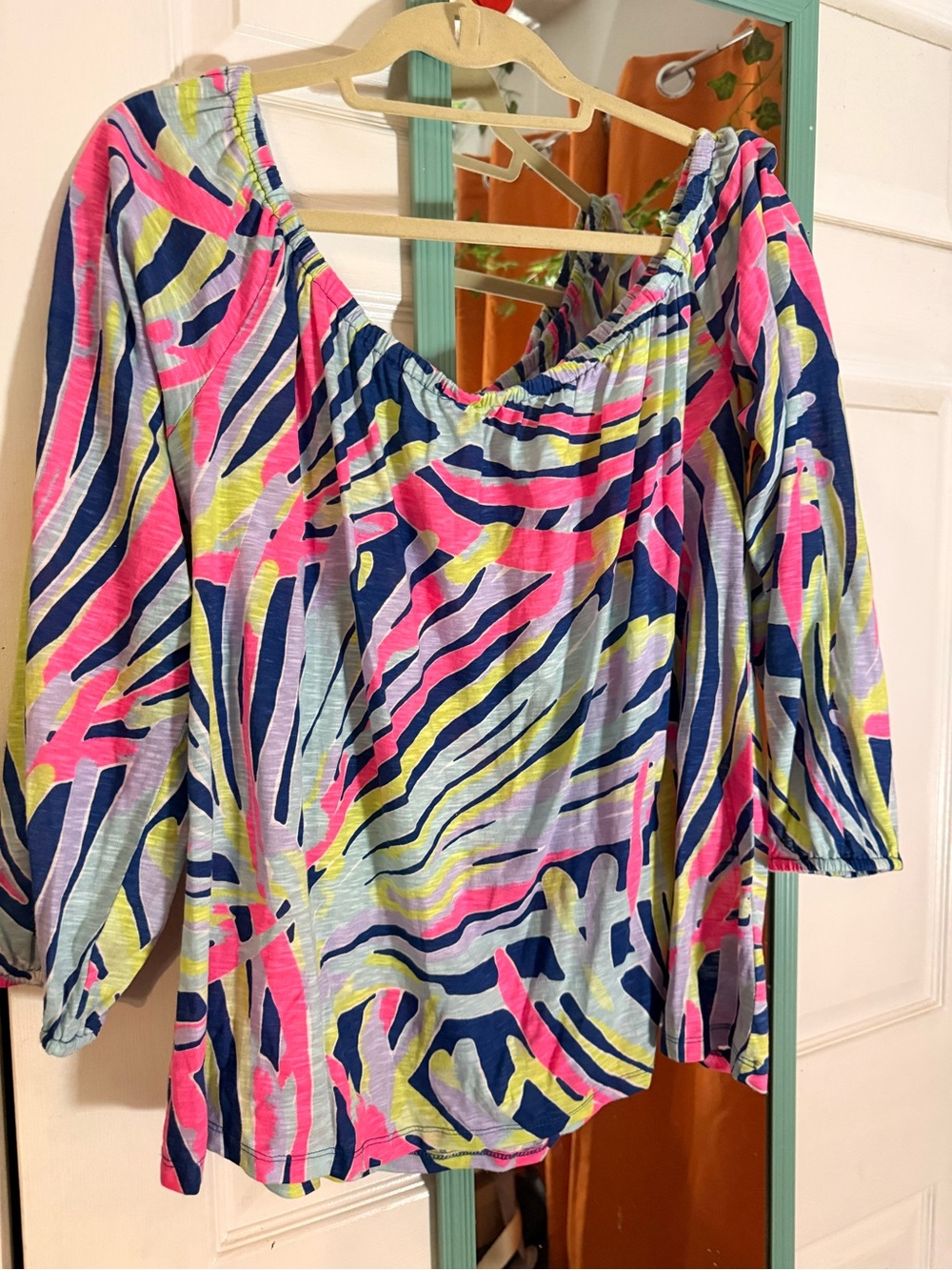 Lilly Pulitzer Neon Zebra-Print Off-Shoulder Blouse in Pink, Navy & Yellow